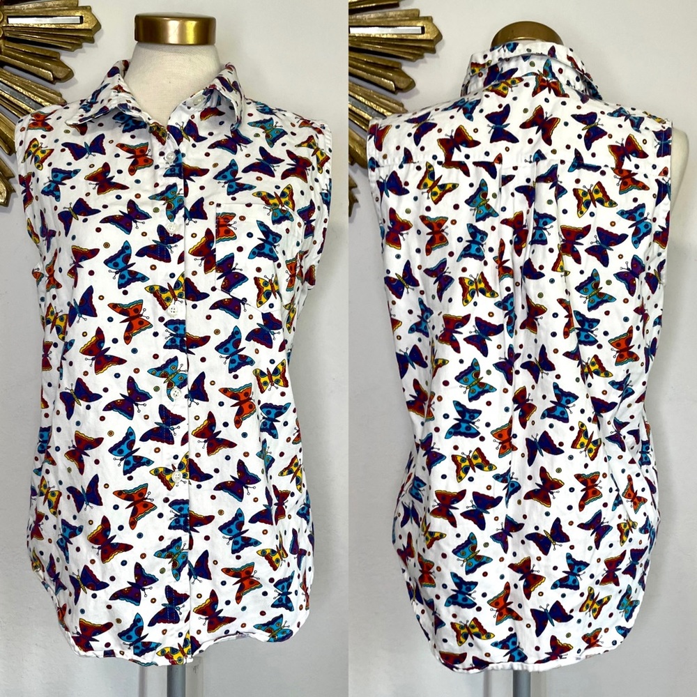 Blue Attitude Butterfly Sleeveless Button Down Top